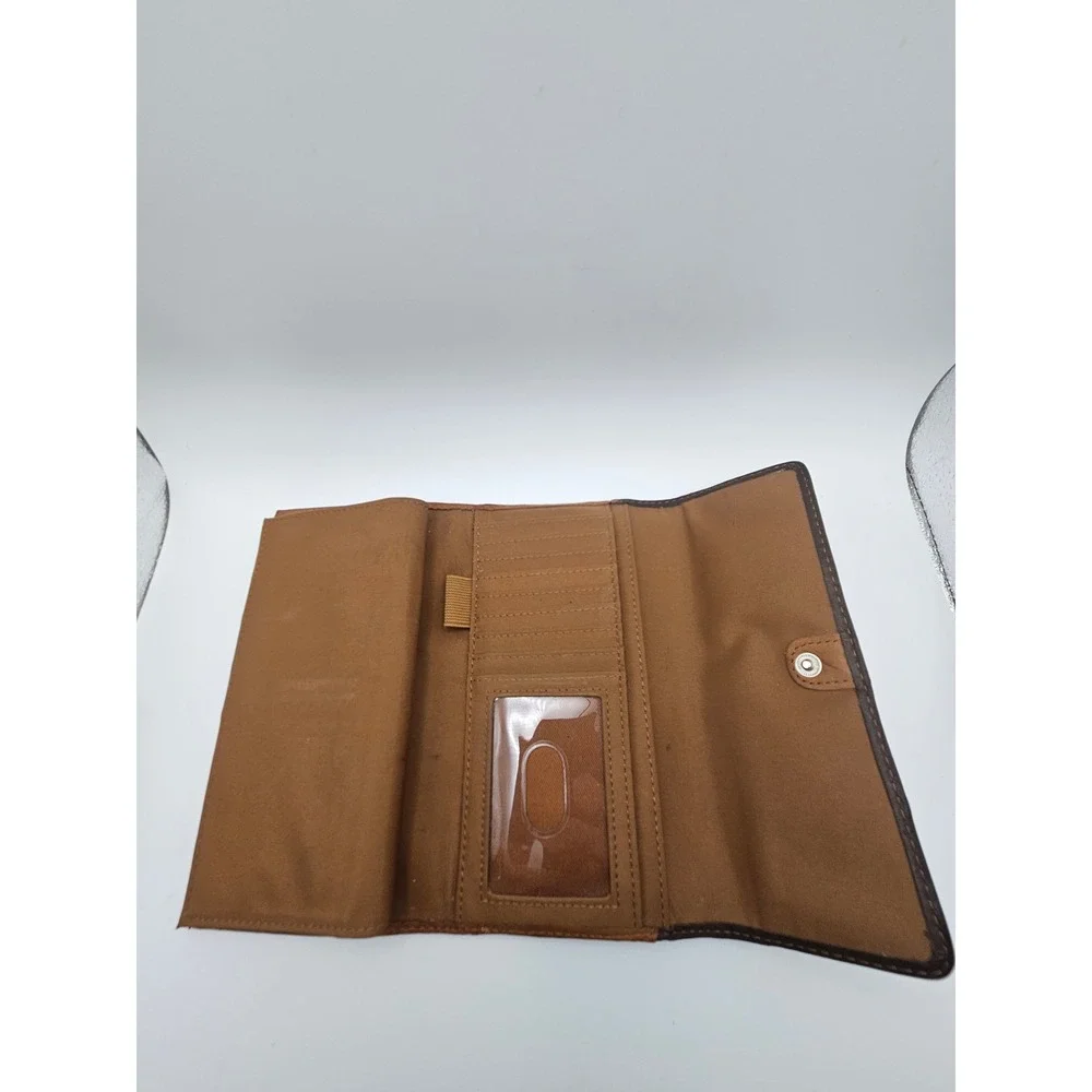 Fossil Brown Leather Patchwork Floral Tri-Fold Wallet with Zipper Pocket
